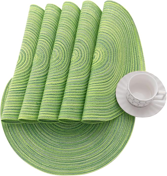 SHACOS Round Placemats Set of 6 for Dining Tables 15 inch Cotton Braided Placemats Washable Reversible for Kitchen Holiday Party (Mixed Color Pea Green, 6) - Image 2
