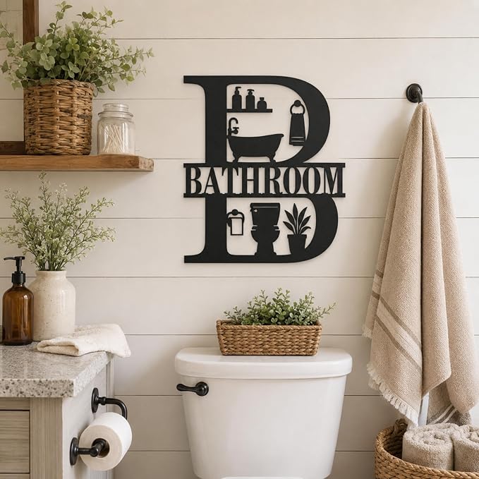 Bathroom Metal Wall Decor, Farmhouse Restroom Sign, 14 Inch | 14-inch matte black metal bathroom sign with pre-drilled holes for farmhouse, modern, or rustic restroom wall decor. - Image 6