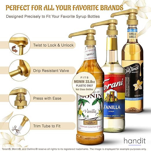 HANDIT - Gold Coffee Syrup Pumps | Fits 25.4oz/750ml Liter Torani, Skinny, Davinci and Monin Plastic 33.8oz Bottles | Does Not Fit Monin 750ml (2 Pack)