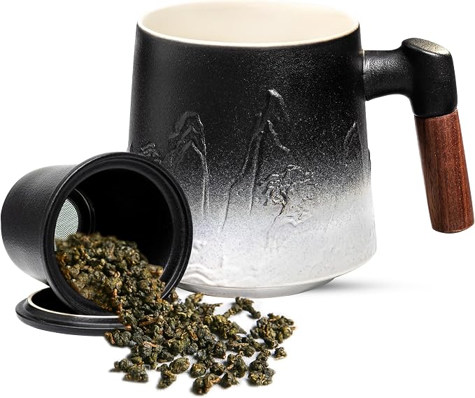 suyika Ceramic Tea Cup with Infuser and Lid, Gradient Embossed Large Tea Mug Wooden Handle for Steeping Loose Leaf, Tea Lover Gifts 15.2 oz / 450 ml,Matte Black - Image 8