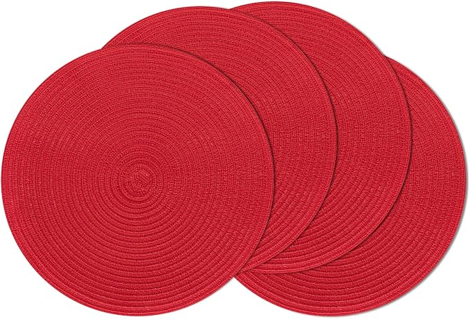 SHACOS Round Placemats Set of 4 Non Slip Washable Place Mats 15 inch Cotton Polyester Braided Placemat for Christmas Home Wedding Party Dining Table Decor (Red, 4) by SHACOS