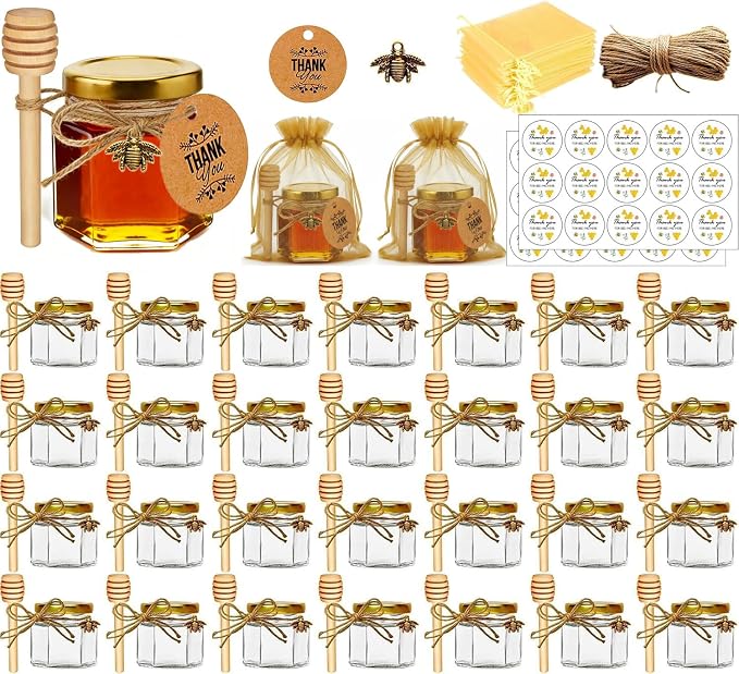 Adabocute Honey Pot, Mini Glass Honey Jars with Wood Dipper, Gold Lid, Bee Charms, Gold Organza Bags, Thank-you Tags, Ideal for Baby Showers Wedding Favors Party Favors, 2oz 30 Pack by Adabocute