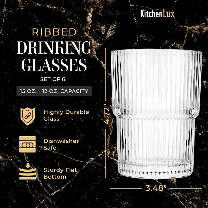 Kitchen Lux Ribbed Drinking Glasses - Ribbed Glass Cups 15 oz - Ribbed Glassware Set of 6 - Textured Vintage Retro Ripple Aesthetic Glass Ware for Whiskey Cocktail Beer Water, Coffee Bar Accessories - Image 2
