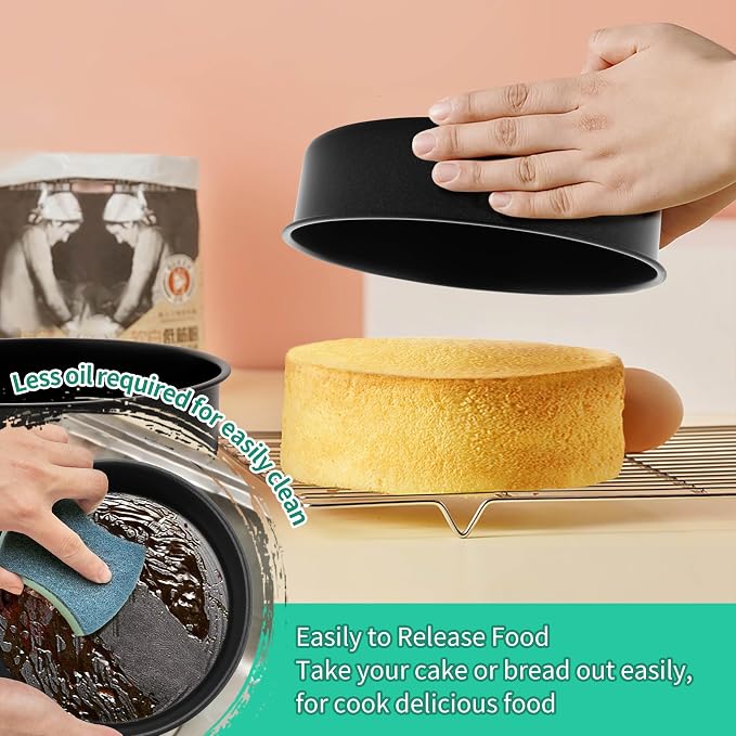 P&P CHEF 8 Inch Cake Pan Set of 3, Non-Stick Round Cake Pans | Round Cake Tins for Tier Smash Cakes, Baking Pans Set & Essential Bakeware, Stainless Steel Core & Leak-Proof - Image 4