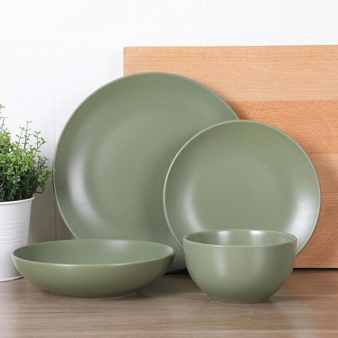 Gibson Home Queenslane 16-Piece Matte Green Stoneware Dinnerware Set – Double Bowl Plates and Bowls, Durable Kitchen Dinner Set - Image 2