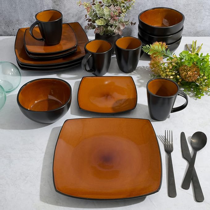 Gibson Elite Soho Lounge Square Reactive Glaze Stoneware Dinnerware Set, Service for 4 (16pc), Amber - Image 5