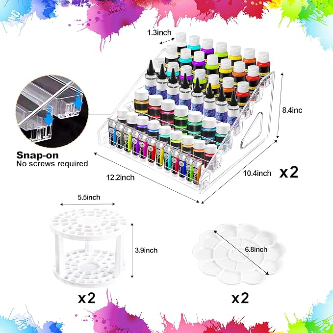 2 Pcs Clear Acrylic Paint Organizer Rack with Brush Holder, 7 Layer Acrylic Paint Tube Organizer, Snap-On Craft Organizers and Storage for Versatile Storage, No-Tools Setup & Quick Access (2 Set)