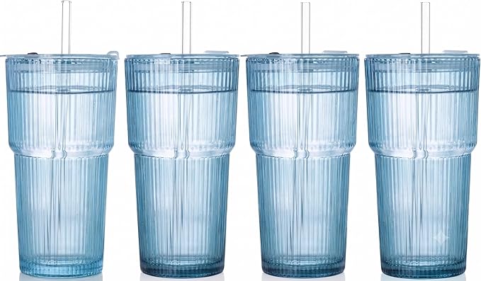 4PCS Blue Ribbed Glass Cups with Lids and Straws, 20oz Vintage Drinking Glasses, Aesthetic Iced Coffee Cups, Glass Tumbler for Boba, Beer, Tea, Cocktails, Blue Ribbed Glassware Set (Blue-4) by SIPBYSOP