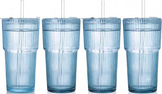 4PCS Blue Ribbed Glass Cups with Lids and Straws, 20oz Vintage Drinking Glasses, Aesthetic Iced Coffee Cups, Glass Tumbler for Boba, Beer, Tea, Cocktails, Blue Ribbed Glassware Set (Blue-4) by SIPBYSOP