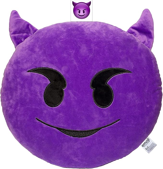 EvZ Official Certified Devil Emoji Pillow - 32cm Large Soft Plush Purple Imp Emoticon Cushion - Unique Horned Decorative Stuffed Toy for Halloween, Gaming Room (Purple) by EvZ