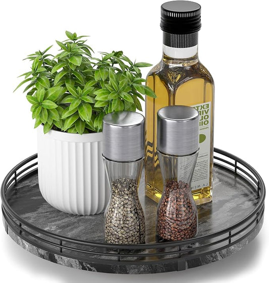 AMH 10-Inch Ancient Wood-Grain Marble Lazy Susan with Black Iron Frame | Smooth rotating oak tray with walnut finish for dining tables, kitchen counters, pantries and cabinet storage. by AMH