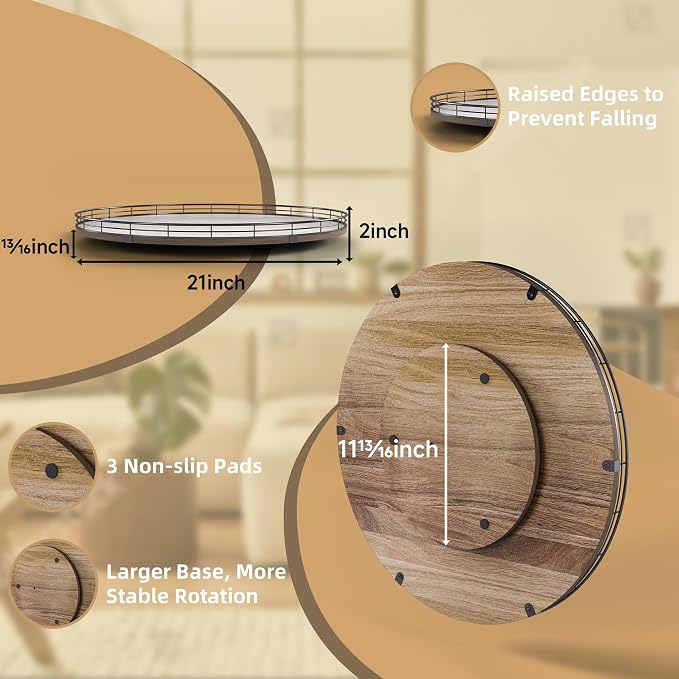 Acacia Wood 21" Lazy Susan Turntable Organizer for Table Top, Farmhouse Extra Large Round Lazy Susan for Serving Kitchen Countertop Cabinet for Charcuterie Centerpiece, Bathroom Vanity Tray Decor - Image 2