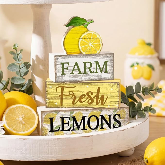 Moucuny 4 Pcs Summer Lemon Decor Summer Table Decorations Farm Fresh Lemons Wooden Stacked Block Decor Rustic Summertime Tiered Tray Decoration Fruits Centerpiece for Home Kitchen Dining Room Mantel - Image 2