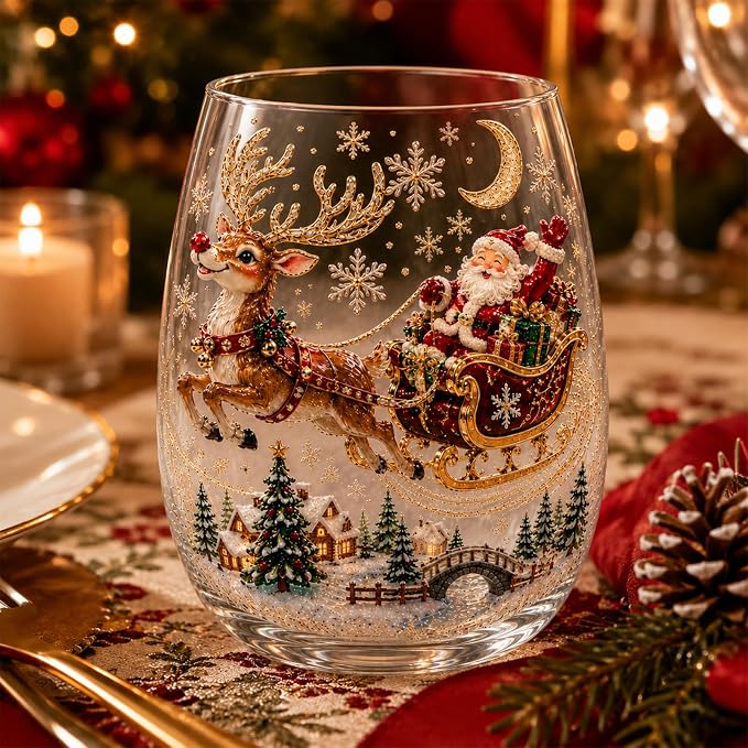 Christmas Wine Glasses, 12oz Stemless Holiday Glassware with Festive Style (Santa (A)) by Lifmagic