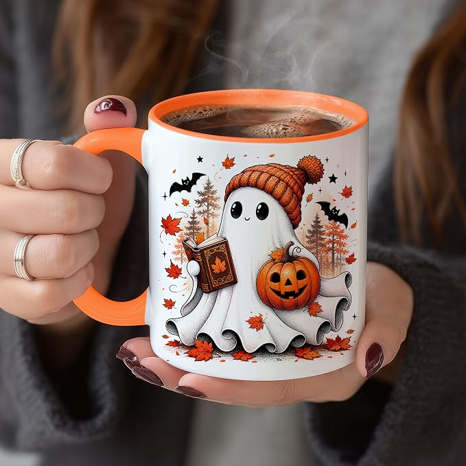 Hyturtle Fall Ghost Coffee Mug with Spoon Gifts for Book Lover on Halloween | Spooky Reading Themed Gifts for Readers, Fall Halloween Decor, Double-sided print 11oz ceramic mug, Comfort grip handle - Image 3