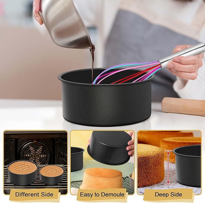 E-far Deep Cake Pan Set of 3 (4/6/8 Inch), Nonstick Stainless Steel Round Cake Pans Tins for Baking Layer Wedding Cakes, Stainless Steel Core & Nontoxic Coating, Deep & Straight Side - Image 2