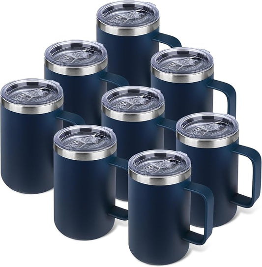22oz Insulated Coffee Mug with Handle & Leak-Proof Lid - Double Wall Stainless Steel Travel Tumbler Bulk for Commute/Office/Home, Navy Blue, 8 Pack by Unknown