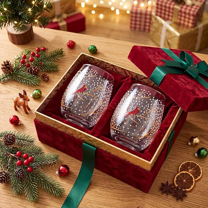 Yungyan 4 Pack Christmas Stemless Wine Glasses, 15 oz Hand Painted Holiday Drinking Tumblers with Cardinal & Snowy Tree Branch Design, Festive Winter Glassware for Xmas Party, Cabin, Home Decor - Image 4