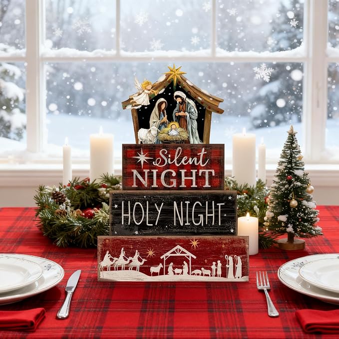 Moucuny 4 Pcs Christmas Table Decor Wooden Christian Religious Decoration Nativity Scene Centerpiece Holy Night Tiered Tray Decor Red and Black Buffalo Plaid Block Signs Xmas Decoration for Kitchen - Image 5