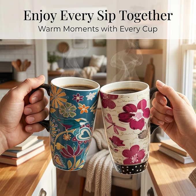 Topadorn Set of 2 Ceramic Travel Mugs, 17oz Floral Coffee Mug Set with Lids | Nature-Inspired Floral & Bird Artwork • Comfortable Handles • Microwave & Dishwasher Safe • Gift Boxes Included - Image 4