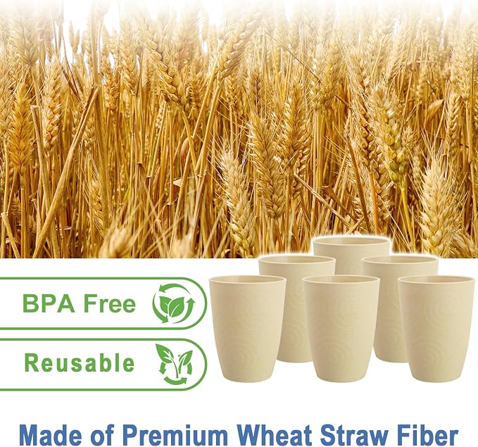 12 oz Kids Cups，Wheat Straw Cups Set of 6, Alternatives to Plastic Cups Reusable, Unbreakable Water Tumbler, Dishwasher Safe Small Water Cups for Kitchen, Plastic Glasses Drinking (Beige) - Image 3