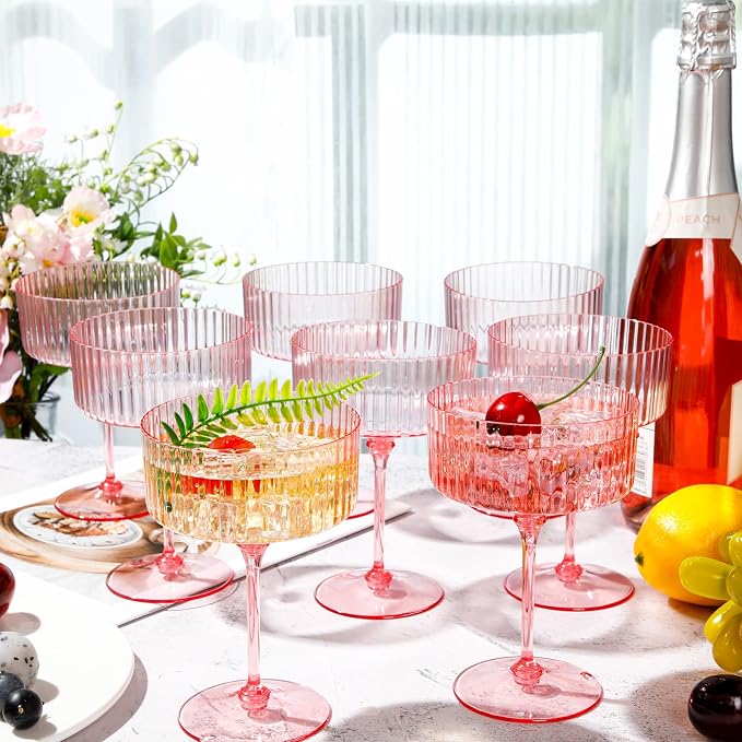 Jingmore 24 Pcs Ribbed Martini Glasses 10 oz Disposable Plastic Vintage Ribbed Coupe Glasses Unbreakable Dessert Parfait Glassware for Wedding Birthday Party Supplies (Pink) - Image 5