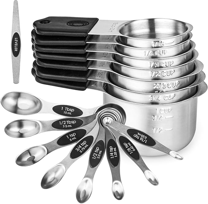 Smithcraft Magnetic Measuring Cups and Spoons Set 16, Metric & US Stainless Steel Measuring Cups and Spoons Set for Dry & Liquid, Metal Measure Cups & Spoons & Leveler for Kitchen&Baking, Black