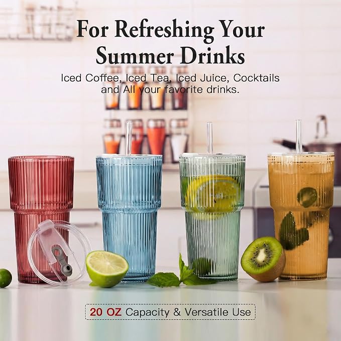 6PCS Ribbed Glass Cups with Lids and Straws, 20oz Vintage Drinking Glasses, Aesthetic Iced Coffee Cups, Glass Tumbler for Boba, Beer, Tea, Cocktails, Ribbed Glassware Set (Colored-6) - Image 5