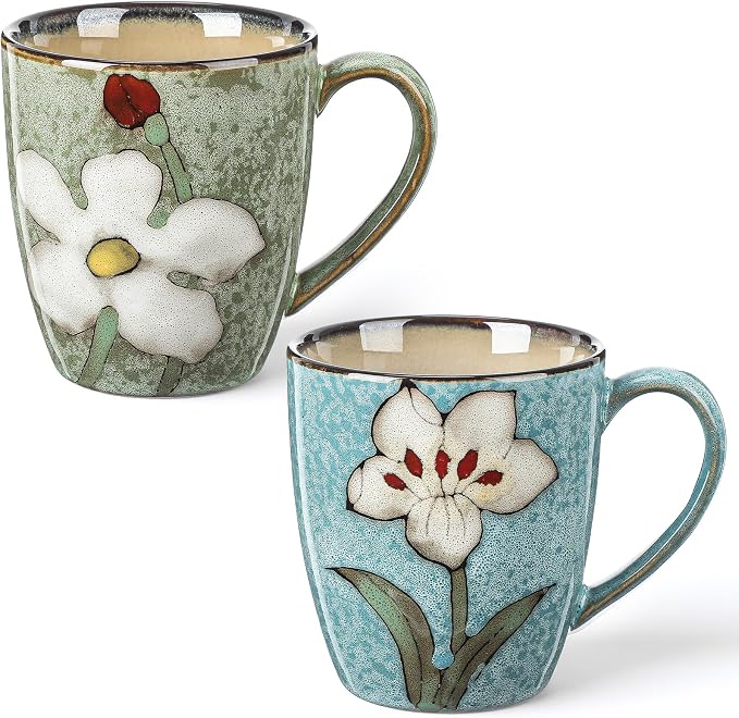 Maxdot 2 Pcs 12oz Ceramic Coffee Mugs Sets Glazing Process Cappuccino Mug Floral Ceramic Tea Cups Idea Gift Set for Women Porcelain Cup for Coffee, Cocoa, Tea, Latte (Retro) (Fresh) by Maxdot