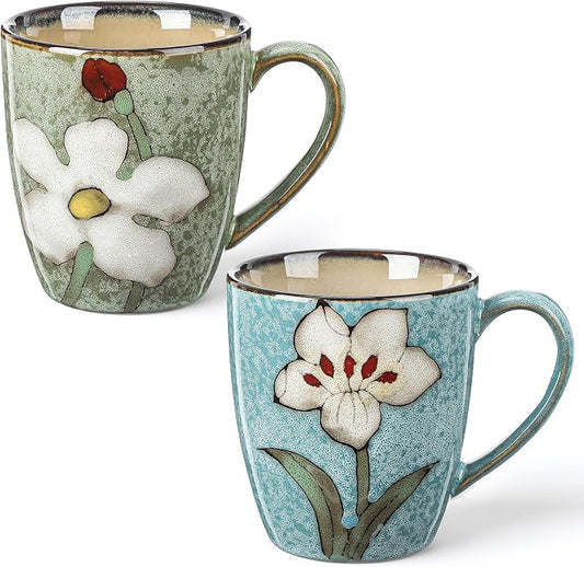 Maxdot 2 Pcs 12oz Ceramic Coffee Mugs Sets Glazing Process Cappuccino Mug Floral Ceramic Tea Cups Idea Gift Set for Women Porcelain Cup for Coffee, Cocoa, Tea, Latte (Retro) (Fresh) by Maxdot