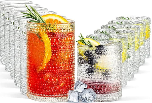 Khen Vintage Hobnail Drinking Glasses Set of 12, 13oz Highball Glasses & 10 oz Lowball Tumblers, Kitchen Water Glasses Cup, Bar Water, Juice, Cocktails Beer, Milk Indoor/Outdoor Bar & Party Drinkware by Khen