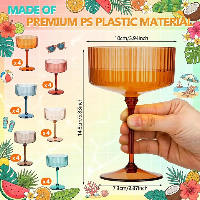 Jingmore 24 Pcs Ribbed Martini Glasses 10 oz Disposable Plastic Vintage Ribbed Coupe Glasses Unbreakable Dessert Parfait Glassware for Wedding Birthday Party Supplies (Classic Color) - Image 2