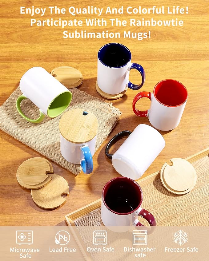 RAINBOWTIE 12PCS 15oz Sublimation Mugs with Bamboo Lid, 6 Assorted Colors | Ceramic Cup with lid and Bamboo, blank mugs for diy, father's day, mother's day, casual, beach, vacation, party,wedding - Image 3