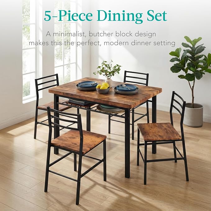 Best Choice Products 5-Piece Modern Dining Set W/Steel Frame, Space Saving Rectangular Kitchen Table W/ 4 Matching Chairs & Storage Rack for Apartments, Kitchens & Dining Rooms - Medium Brown/Black - Image 3