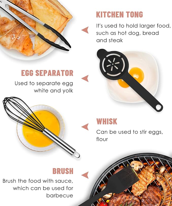 Black Kitchen Utensils Set-12 Pieces Silicone Cooking Utensils Set | Dishwasher Safe 392°F Heat Resistant Spatula Set Kitchen Utensil Set for Nonstick Cookware,Best Kitchen Tools with Holder - Image 6