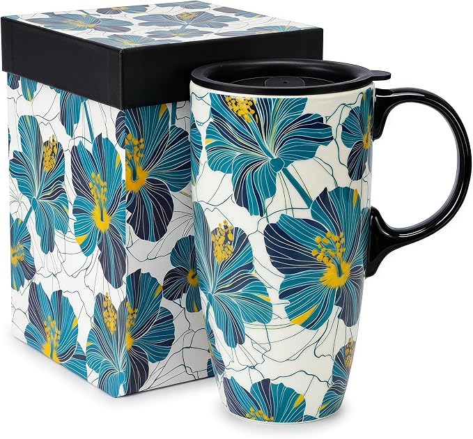Topadorn 17oz Ceramic Travel Mug with Lid, Hibiscus Coffee Mug | 17oz Ceramic Travel Mug • Hibiscus Floral Design • Coffee Mug with Lid • Microwave & Dishwasher Safe • Gift Box by Topadorn