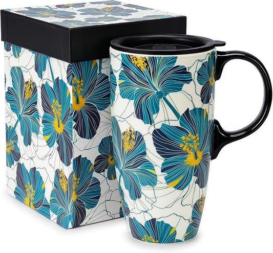 Topadorn 17oz Ceramic Travel Mug with Lid, Hibiscus Coffee Mug | 17oz Ceramic Travel Mug • Hibiscus Floral Design • Coffee Mug with Lid • Microwave & Dishwasher Safe • Gift Box by Topadorn