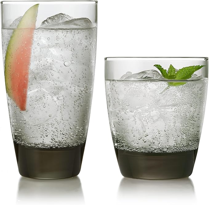 Libbey Classic Tumbler & Rocks Drinking Glasses Set of 16, Clear Glass Cups | 18 oz and 13 oz Capacities for Water, Soda, Cocktails, and More with Smoke-Tinted Bases and Dishwasher-Safe Cleanup by Libbey