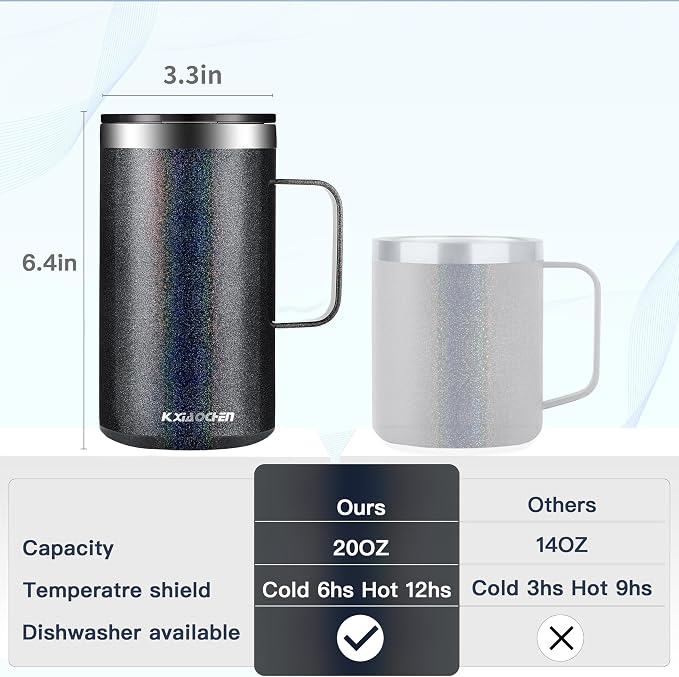 KXIAOCHEN 20 oz Insulated Coffee Mug, Coffee Cup with Lid and Wide Handle | 18/8 stainless steel, 6+ hours hot or 12+ hours cold, wide mouth, no-sweat exterior, for office, work, home and camping - Image 2