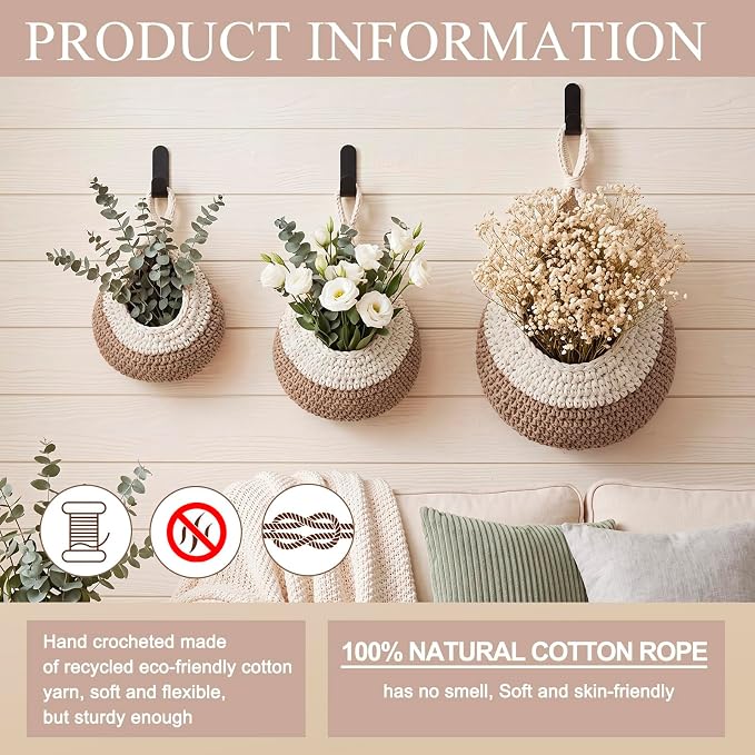 Honeydak Boho Decor Hanging Wall Baskets for Kitchen 3 Pack Teardrop Baskets with Hooks Storage Fruit Onion Vegetable Potato for Home 3 Sizes(White with Light Linen,Teardrop,Cotton Rope) - Image 3