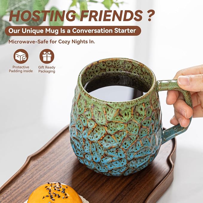 18oz Unique Kiln-Change Ceramic Coffee Mug, Handcrafted Hammered Texture Ceramic Mug with Ergonomic Handle, Microwave & Dishwasher Safe, Gift for Coffee Lovers, Home Office Daily Use (Green & Blue) - Image 6