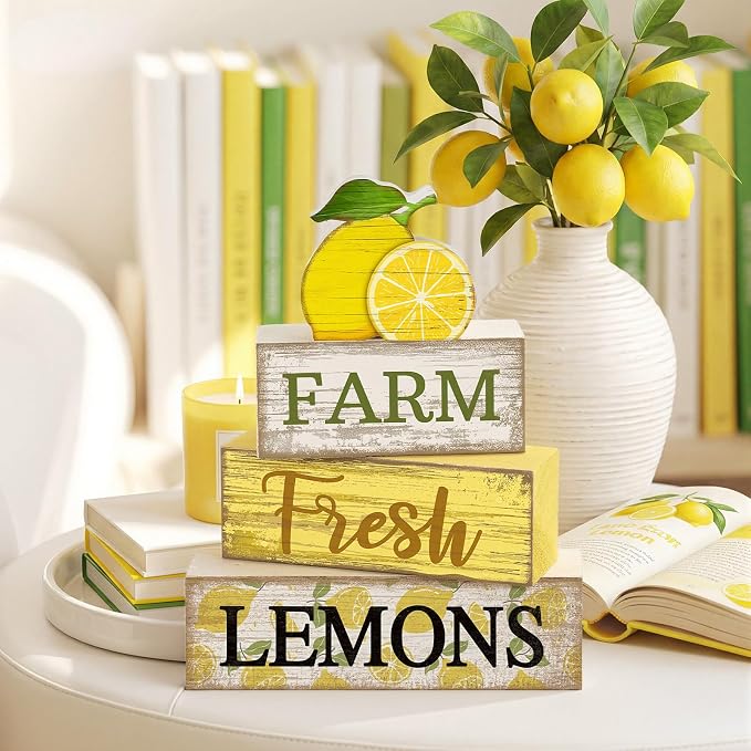 Moucuny 4 Pcs Summer Lemon Decor Summer Table Decorations Farm Fresh Lemons Wooden Stacked Block Decor Rustic Summertime Tiered Tray Decoration Fruits Centerpiece for Home Kitchen Dining Room Mantel - Image 6