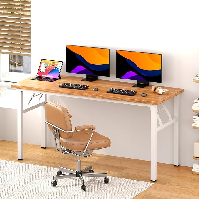 DlandHome 62 Inch Large Folding Computer Desk, Fully Assembled, Teak White | Foldable Writing Table for Bedroom Dorm, Conference Table for Home Office, Wood Top Metal Frame, Collapsible Easy Storage - Image 2