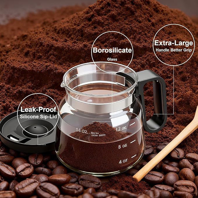 16 oz Clear Borosilicate Glass Coffee Pot Mug with Silicone Lid | Mini coffee pot design with cleaning brush for hot or cold drinks at home, in the office, or as a gift for coffee lovers - Image 6