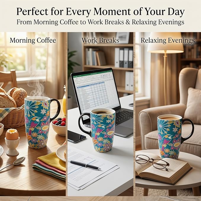 Topadorn Set of 2 Ceramic Travel Mugs, 17oz Floral Coffee Mug Set with Lids | Nature-Inspired Floral & Bird Artwork • Comfortable Handles • Microwave & Dishwasher Safe • Gift Boxes Included - Image 3