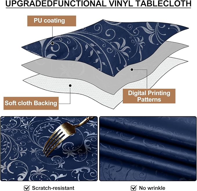 Smiry Rectangle Waterproof Heavy Duty Vinyl Tablecloths, 60 x 120 Inch | Wipeable Washable Floral Embossed Table Cover for Kitchen and Dining Room, Indoor & Outdoor Use, Dark Blue - Image 6