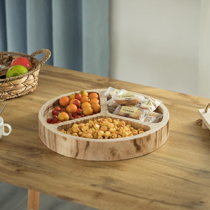 3 Sectional Wooden Snack Platter, Divided Serving Tray with Burned Black Finish, Lazy Susan Charcuterie Board for Dining Table, Kitchen, Nut or Snack Serving - Image 6