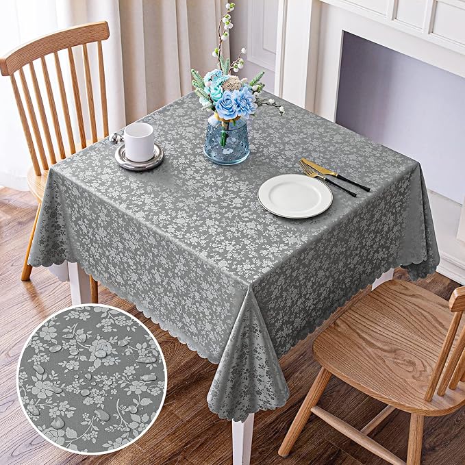 Smiry Square Table Cloth, Waterproof Heavy Duty Vinyl Tablecloths, Wipeable Washable Table Cover for Kitchen and Dining Room (Grey, 54" X 54") | Wipeable Washable Floral Embossed Table Cover for Kitchen and Dining Room, Indoor & Outdoor Use, Grey by Smiry