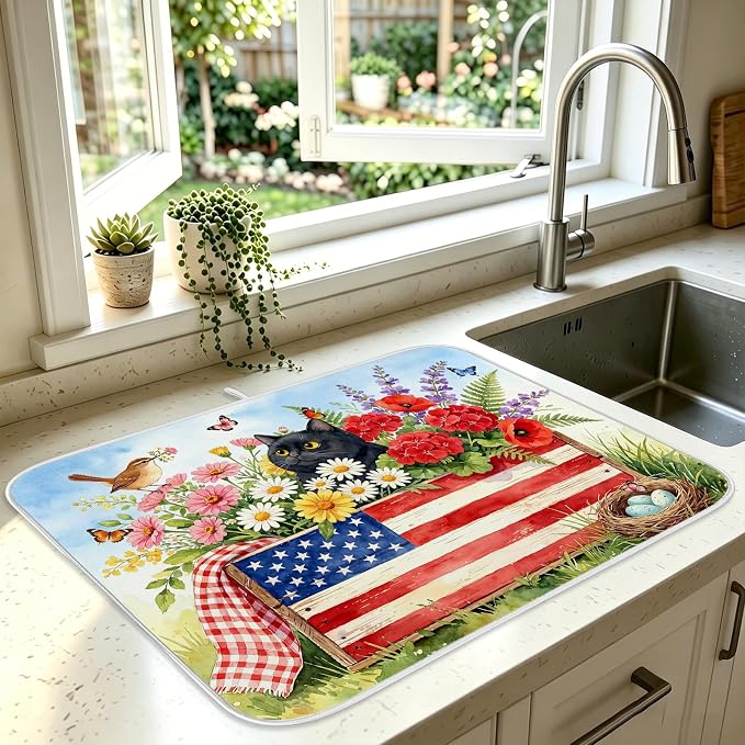 Patriotic Cats Dish Drying Mat for Kitchen Counter Coffee Bar 18x24 in | Decorative Non Slip Absorbent Kitchen Dishes Drainer Mat, with Anti-slip Rubber Backing & Hanging Loop, for Sink, Home Gift by HiWelcometoMCIAONE