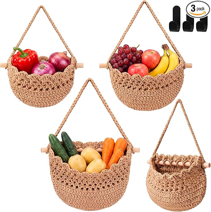 Honeydak Boho Decor Hanging Wall Baskets for Kitchen 3 Pack Teardrop Baskets with Hooks Storage Fruit Onion Vegetable Potato for Home(Dark Brown,Lace,Cotton Rope) by Honeydak